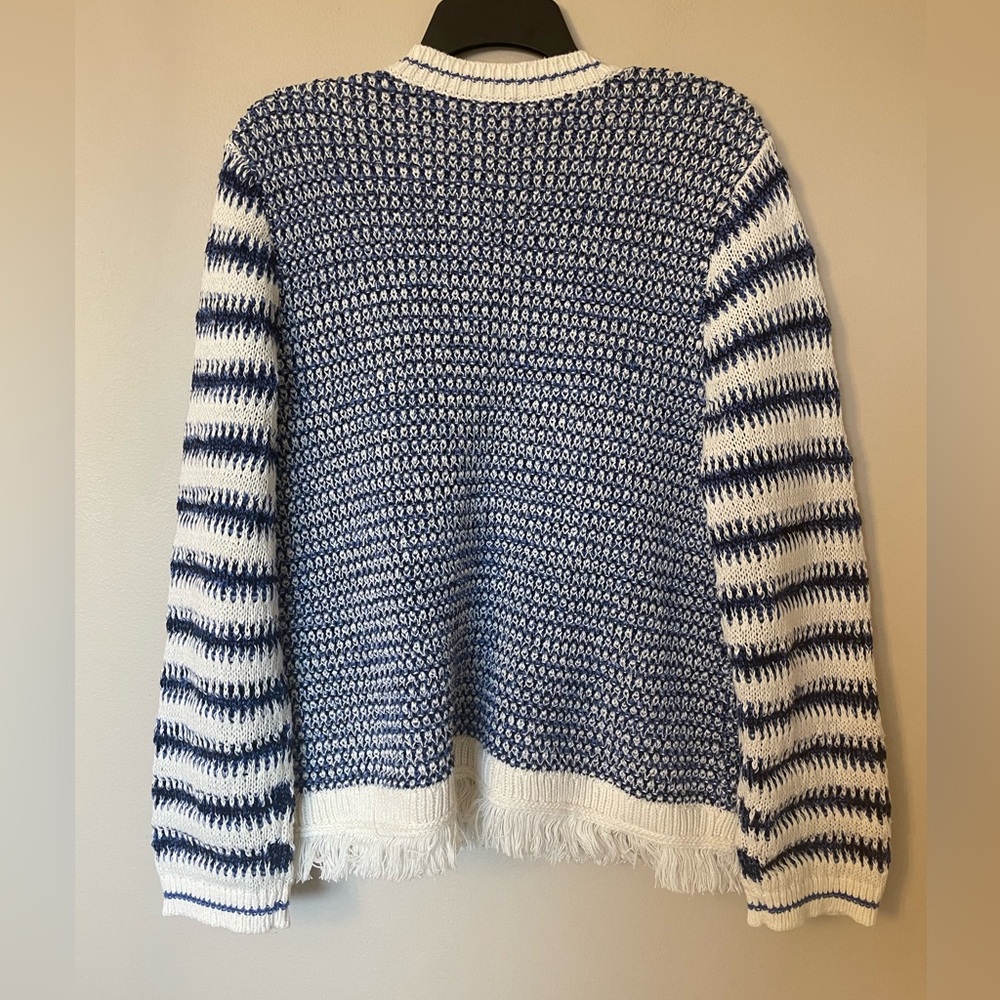 Talbots Mixed Texture Jacket Cardigan Blue White Striped Sweater Fringe XL - Picture 8 of 8